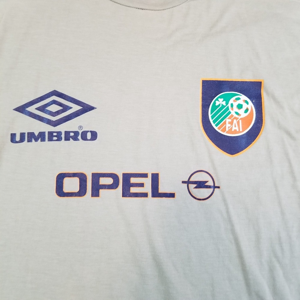 Vintage Umbro Shirt Mens Large Beige Ireland FAI Opel Soccer Football Tee 90s - Picture 5 of 10